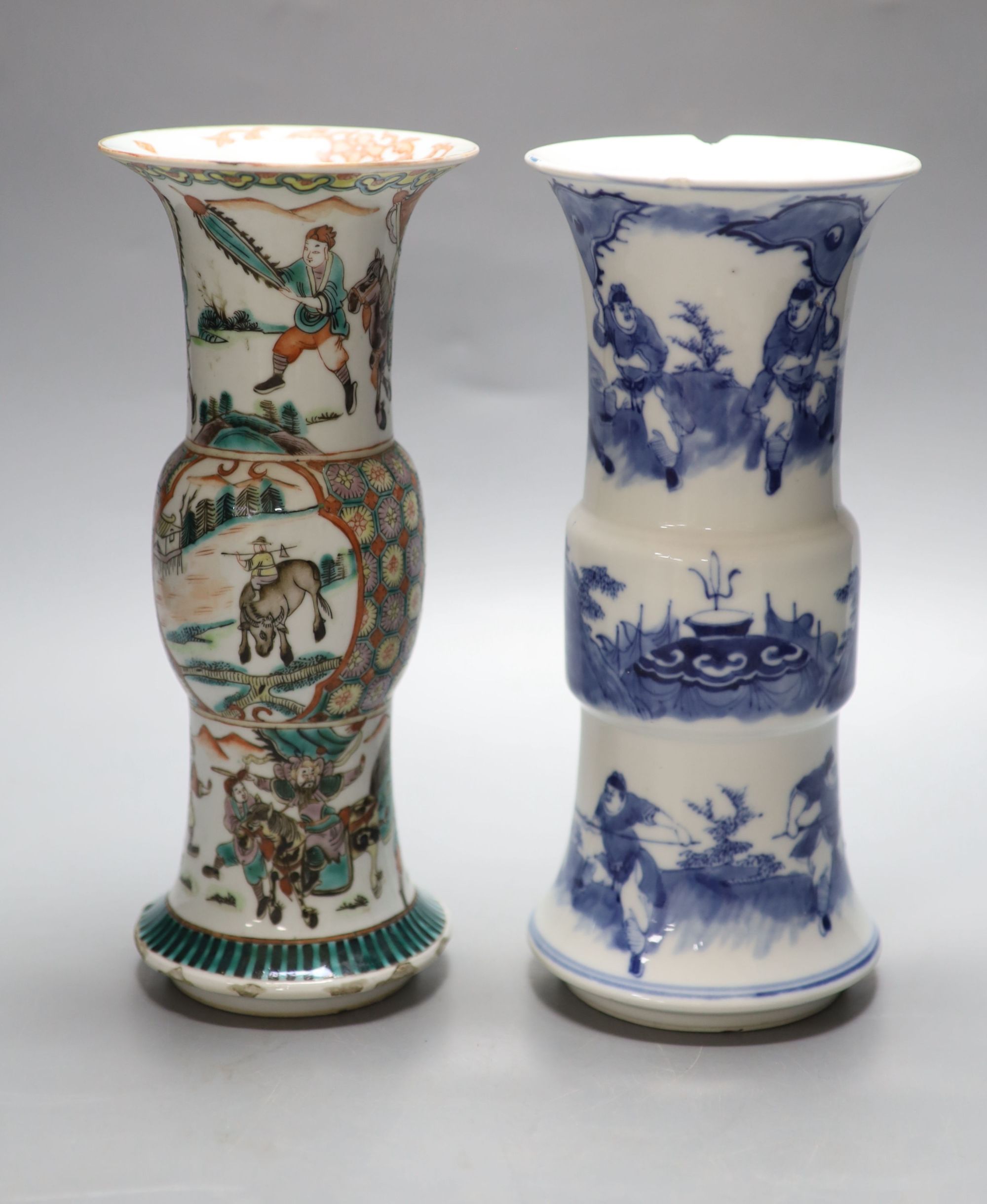 A Chinese blue and white beaker vase, together with a similar famille verte beaker vase, both c.1900, tallest 25.5cm